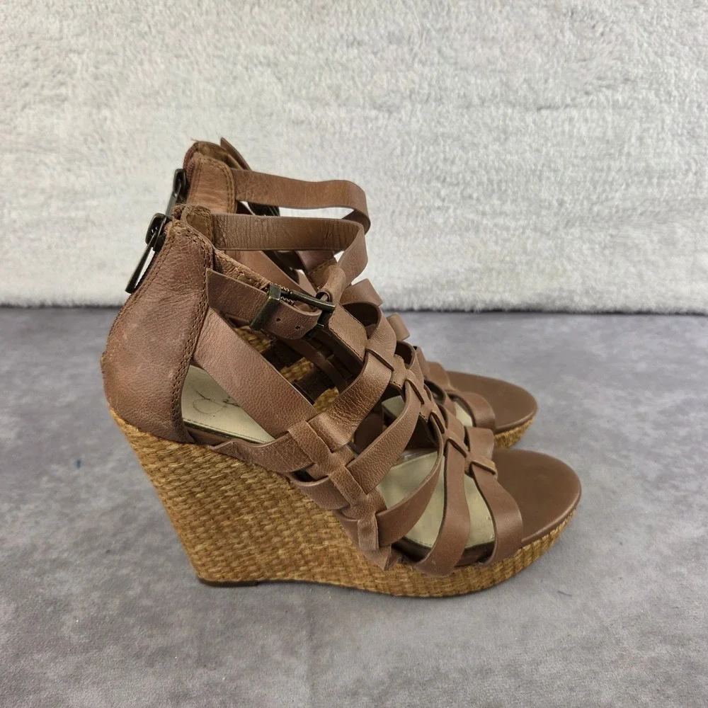 Jessica Simpson Brown Strappy Gladiator Wedge Sandals Tan Woven Platform 7M